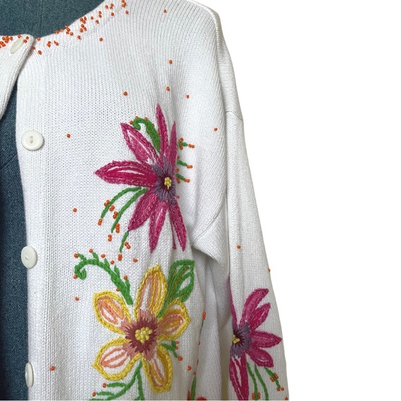 Vintage 100% Cotton Beaded Floral Cardigan - Picture 2 of 3